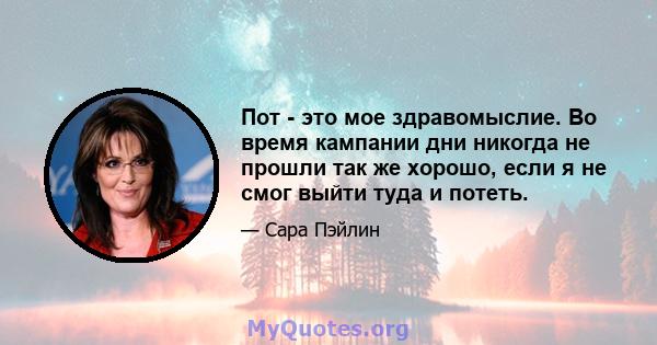 Пот - это мое здравомыслие. Во время кампании дни никогда не прошли так же хорошо, если я не смог выйти туда и потеть.