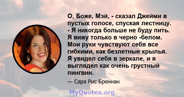 О, Боже, Мэй, - сказал Джейми в пустых голосе, спуская лестницу. - Я никогда больше не буду пить. Я вижу только в черно -белом. Мои руки чувствуют себя все гибкими, как безлетные крылья. Я увидел себя в зеркале, и я