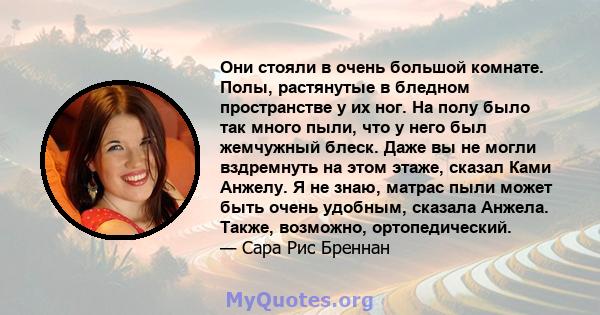 Они стояли в очень большой комнате. Полы, растянутые в бледном пространстве у их ног. На полу было так много пыли, что у него был жемчужный блеск. Даже вы не могли вздремнуть на этом этаже, сказал Ками Анжелу. Я не