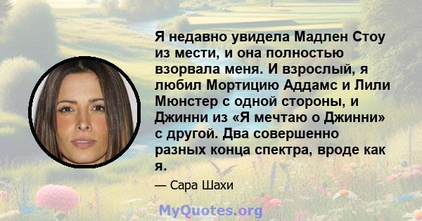 Я недавно увидела Мадлен Стоу из мести, и она полностью взорвала меня. И взрослый, я любил Мортицию Аддамс и Лили Мюнстер с одной стороны, и Джинни из «Я мечтаю о Джинни» с другой. Два совершенно разных конца спектра,