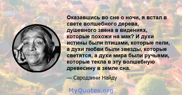 Оказавшись во сне о ночи, я встал в свете волшебного дерева, душевного звена в видениях, которые похожи на мак? И духи истины были птицами, которые пели, а духи любви были звезды, которые светятся, а духи мира были