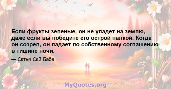 Если фрукты зеленые, он не упадет на землю, даже если вы победите его острой палкой. Когда он созрел, он падает по собственному соглашению в тишине ночи.