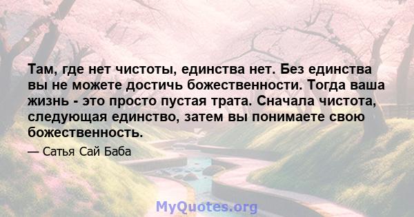 Там, где нет чистоты, единства нет. Без единства вы не можете достичь божественности. Тогда ваша жизнь - это просто пустая трата. Сначала чистота, следующая единство, затем вы понимаете свою божественность.