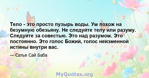 Тело - это просто пузырь воды. Ум похож на безумную обезьяну. Не следуйте телу или разуму. Следуйте за совестью. Это над разумом. Это постоянно. Это голос Божий, голос неизменной истины внутри вас.