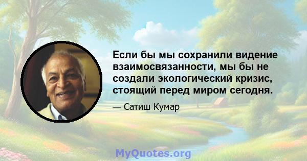 Если бы мы сохранили видение взаимосвязанности, мы бы не создали экологический кризис, стоящий перед миром сегодня.