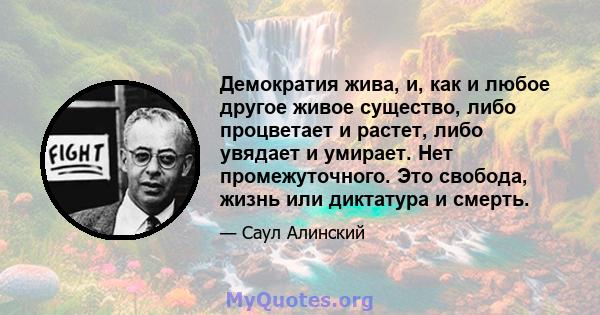 Демократия жива, и, как и любое другое живое существо, либо процветает и растет, либо увядает и умирает. Нет промежуточного. Это свобода, жизнь или диктатура и смерть.