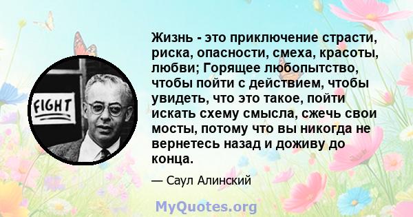 Жизнь - это приключение страсти, риска, опасности, смеха, красоты, любви; Горящее любопытство, чтобы пойти с действием, чтобы увидеть, что это такое, пойти искать схему смысла, сжечь свои мосты, потому что вы никогда не 