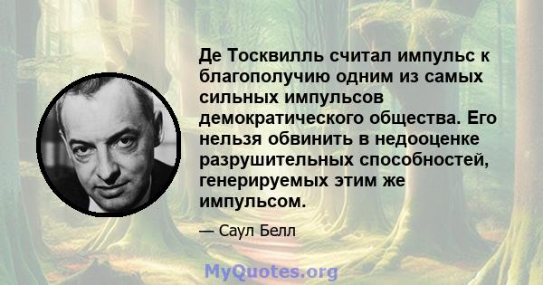 Де Тосквилль считал импульс к благополучию одним из самых сильных импульсов демократического общества. Его нельзя обвинить в недооценке разрушительных способностей, генерируемых этим же импульсом.