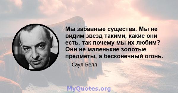 Мы забавные существа. Мы не видим звезд такими, какие они есть, так почему мы их любим? Они не маленькие золотые предметы, а бесконечный огонь.