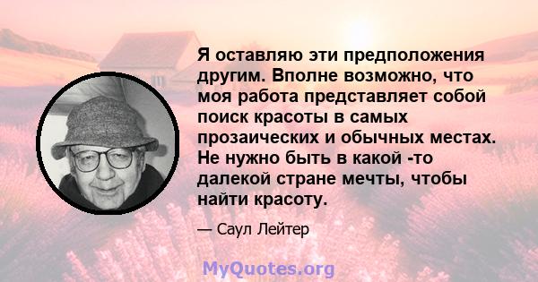 Я оставляю эти предположения другим. Вполне возможно, что моя работа представляет собой поиск красоты в самых прозаических и обычных местах. Не нужно быть в какой -то далекой стране мечты, чтобы найти красоту.