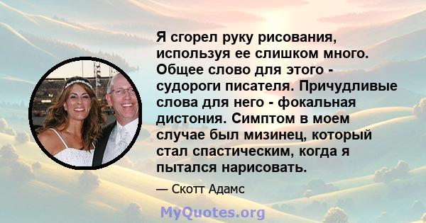 Я сгорел руку рисования, используя ее слишком много. Общее слово для этого - судороги писателя. Причудливые слова для него - фокальная дистония. Симптом в моем случае был мизинец, который стал спастическим, когда я