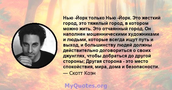 Нью -Йорк только Нью -Йорк. Это жесткий город, это тяжелый город, в котором можно жить. Это отчаянный город. Он наполнен мошенническими художниками и людьми, которые всегда ищут путь и выход, и большинству людей должны