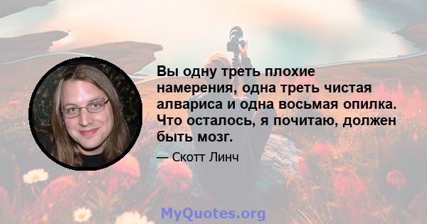 Вы одну треть плохие намерения, одна треть чистая алвариса и одна восьмая опилка. Что осталось, я почитаю, должен быть мозг.