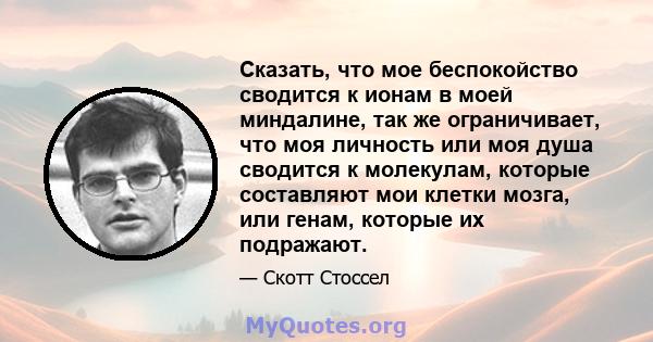 Сказать, что мое беспокойство сводится к ионам в моей миндалине, так же ограничивает, что моя личность или моя душа сводится к молекулам, которые составляют мои клетки мозга, или генам, которые их подражают.