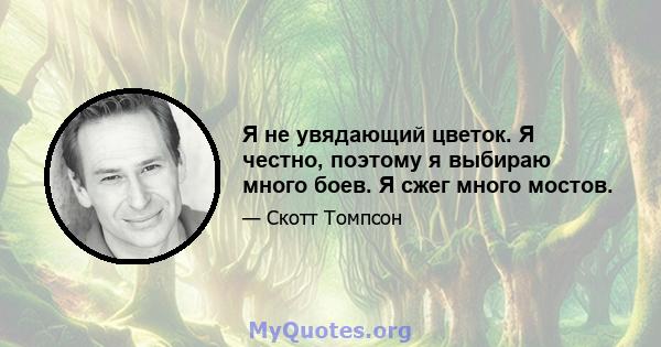 Я не увядающий цветок. Я честно, поэтому я выбираю много боев. Я сжег много мостов.