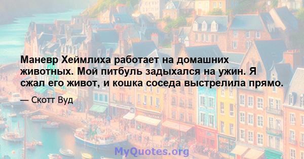 Маневр Хеймлиха работает на домашних животных. Мой питбуль задыхался на ужин. Я сжал его живот, и кошка соседа выстрелила прямо.