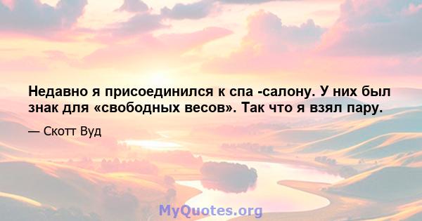 Недавно я присоединился к спа -салону. У них был знак для «свободных весов». Так что я взял пару.