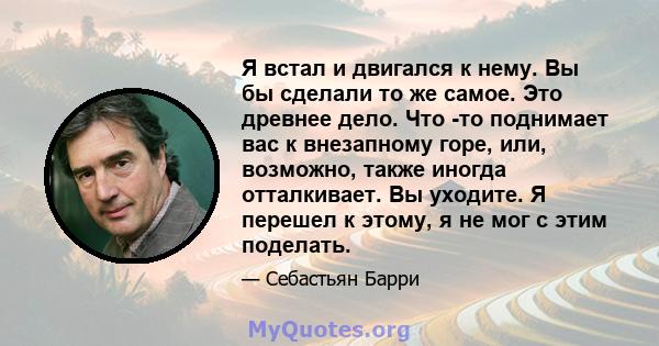 Я встал и двигался к нему. Вы бы сделали то же самое. Это древнее дело. Что -то поднимает вас к внезапному горе, или, возможно, также иногда отталкивает. Вы уходите. Я перешел к этому, я не мог с этим поделать.