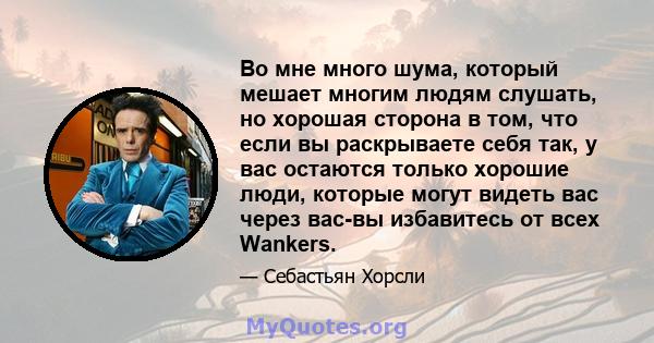 Во мне много шума, который мешает многим людям слушать, но хорошая сторона в том, что если вы раскрываете себя так, у вас остаются только хорошие люди, которые могут видеть вас через вас-вы избавитесь от всех Wankers.