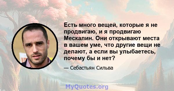 Есть много вещей, которые я не продвигаю, и я продвигаю Мескалин. Они открывают места в вашем уме, что другие вещи не делают, а если вы улыбаетесь, почему бы и нет?