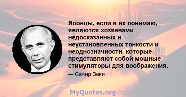 Японцы, если я их понимаю, являются хозяевами недосказанных и неустановленных тонкости и неоднозначности, которые представляют собой мощные стимуляторы для воображения.