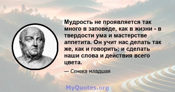 Мудрость не проявляется так много в заповеде, как в жизни - в твердости ума и мастерстве аппетита. Он учит нас делать так же, как и говорить; и сделать наши слова и действия всего цвета.