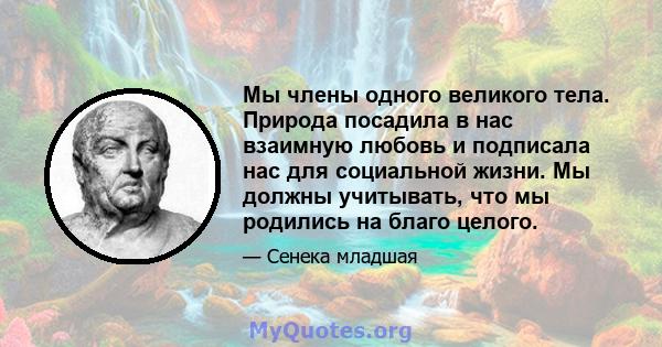 Мы члены одного великого тела. Природа посадила в нас взаимную любовь и подписала нас для социальной жизни. Мы должны учитывать, что мы родились на благо целого.