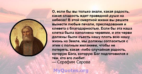 О, если бы вы только знали, какая радость, какая сладость ждет праведной души на небесах! В этой смертной жизни вы решите вынести любые печали, преследования и клевета с благодарностью. Если бы эта наша клетка была