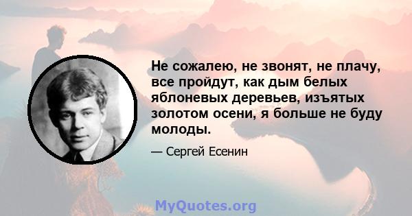 Не сожалею, не звонят, не плачу, все пройдут, как дым белых яблоневых деревьев, изъятых золотом осени, я больше не буду молоды.