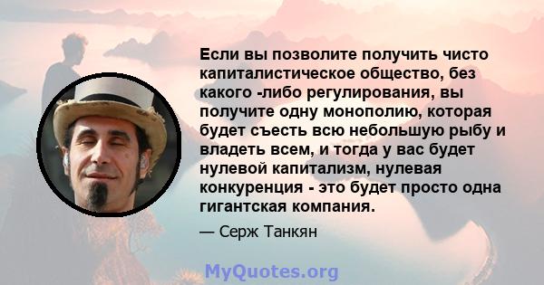 Если вы позволите получить чисто капиталистическое общество, без какого -либо регулирования, вы получите одну монополию, которая будет съесть всю небольшую рыбу и владеть всем, и тогда у вас будет нулевой капитализм,