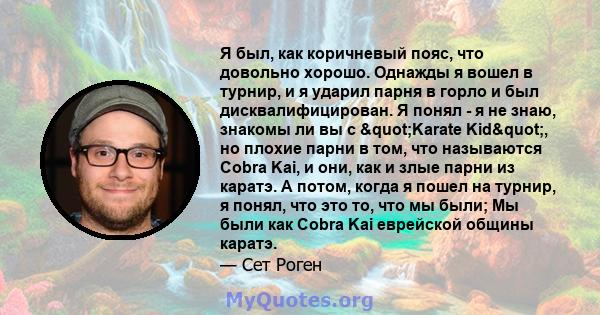 Я был, как коричневый пояс, что довольно хорошо. Однажды я вошел в турнир, и я ударил парня в горло и был дисквалифицирован. Я понял - я не знаю, знакомы ли вы с "Karate Kid", но плохие парни в том, что