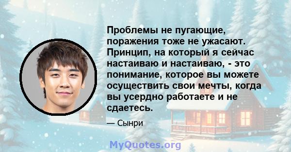 Проблемы не пугающие, поражения тоже не ужасают. Принцип, на который я сейчас настаиваю и настаиваю, - это понимание, которое вы можете осуществить свои мечты, когда вы усердно работаете и не сдаетесь.