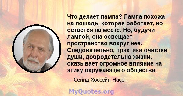 Что делает лампа? Лампа похожа на лошадь, которая работает, но остается на месте. Но, будучи лампой, она освещает пространство вокруг нее. Следовательно, практика очистки души, добродетельно жизни, оказывает огромное