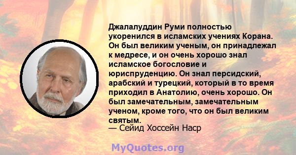 Джалалуддин Руми полностью укоренился в исламских учениях Корана. Он был великим ученым, он принадлежал к медресе, и он очень хорошо знал исламское богословие и юриспруденцию. Он знал персидский, арабский и турецкий,