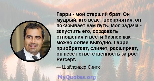 Гарри - мой старший брат. Он мудрый, кто ведет восприятия, он показывает нам путь. Моя задача - запустить его, создавать отношения и вести бизнес как можно более выгодно. Гарри приобретает, слияет, расширяет, он несет