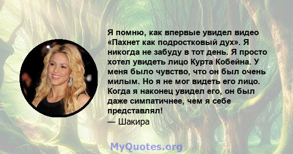 Я помню, как впервые увидел видео «Пахнет как подростковый дух». Я никогда не забуду в тот день. Я просто хотел увидеть лицо Курта Кобейна. У меня было чувство, что он был очень милым. Но я не мог видеть его лицо. Когда 