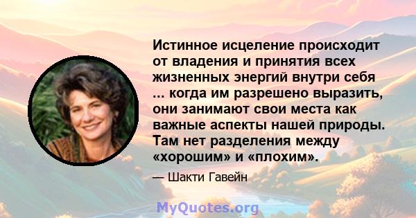 Истинное исцеление происходит от владения и принятия всех жизненных энергий внутри себя ... когда им разрешено выразить, они занимают свои места как важные аспекты нашей природы. Там нет разделения между «хорошим» и