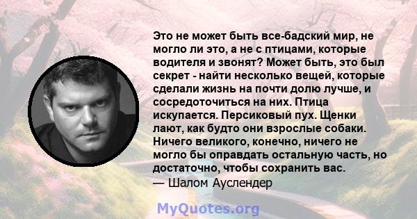 Это не может быть все-бадский мир, не могло ли это, а не с птицами, которые водителя и звонят? Может быть, это был секрет - найти несколько вещей, которые сделали жизнь на почти долю лучше, и сосредоточиться на них.