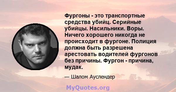 Фургоны - это транспортные средства убийц. Серийные убийцы. Насильники. Воры. Ничего хорошего никогда не происходит в фургоне. Полиция должна быть разрешена арестовать водителей фургонов без причины. Фургон - причина,