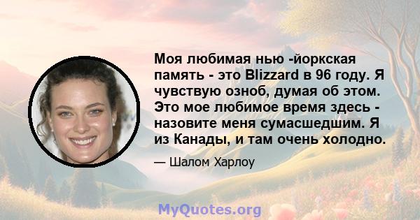 Моя любимая нью -йоркская память - это Blizzard в 96 году. Я чувствую озноб, думая об этом. Это мое любимое время здесь - назовите меня сумасшедшим. Я из Канады, и там очень холодно.