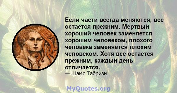 Если части всегда меняются, все остается прежним. Мертвый хороший человек заменяется хорошим человеком, плохого человека заменяется плохим человеком. Хотя все остается прежним, каждый день отличается.