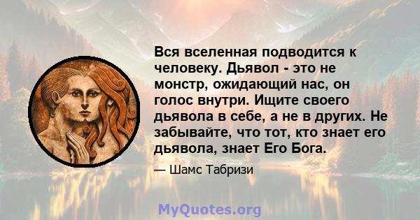 Вся вселенная подводится к человеку. Дьявол - это не монстр, ожидающий нас, он голос внутри. Ищите своего дьявола в себе, а не в других. Не забывайте, что тот, кто знает его дьявола, знает Его Бога.