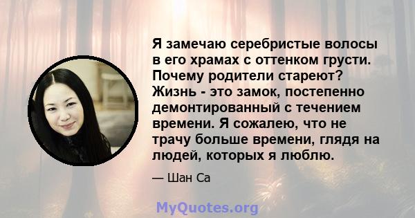 Я замечаю серебристые волосы в его храмах с оттенком грусти. Почему родители стареют? Жизнь - это замок, постепенно демонтированный с течением времени. Я сожалею, что не трачу больше времени, глядя на людей, которых я