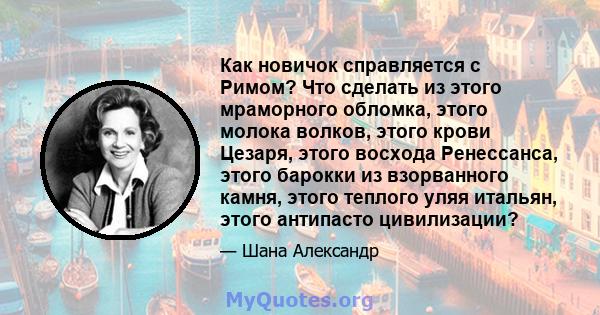 Как новичок справляется с Римом? Что сделать из этого мраморного обломка, этого молока волков, этого крови Цезаря, этого восхода Ренессанса, этого барокки из взорванного камня, этого теплого уляя итальян, этого