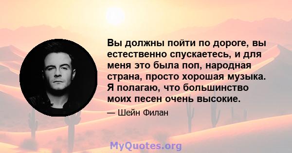 Вы должны пойти по дороге, вы естественно спускаетесь, и для меня это была поп, народная страна, просто хорошая музыка. Я полагаю, что большинство моих песен очень высокие.