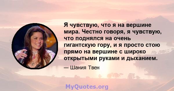 Я чувствую, что я на вершине мира. Честно говоря, я чувствую, что поднялся на очень гигантскую гору, и я просто стою прямо на вершине с широко открытыми руками и дыханием.