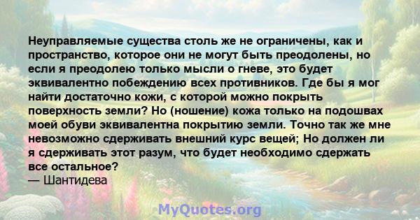 Неуправляемые существа столь же не ограничены, как и пространство, которое они не могут быть преодолены, но если я преодолею только мысли о гневе, это будет эквивалентно побеждению всех противников. Где бы я мог найти