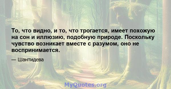 То, что видно, и то, что трогается, имеет похожую на сон и иллюзию, подобную природе. Поскольку чувство возникает вместе с разумом, оно не воспринимается.