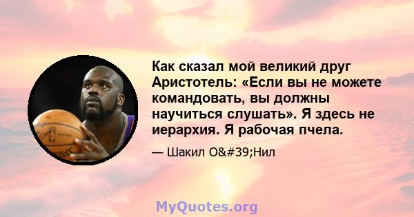 Как сказал мой великий друг Аристотель: «Если вы не можете командовать, вы должны научиться слушать». Я здесь не иерархия. Я рабочая пчела.