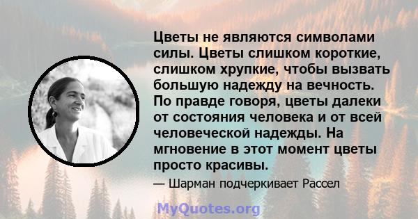 Цветы не являются символами силы. Цветы слишком короткие, слишком хрупкие, чтобы вызвать большую надежду на вечность. По правде говоря, цветы далеки от состояния человека и от всей человеческой надежды. На мгновение в